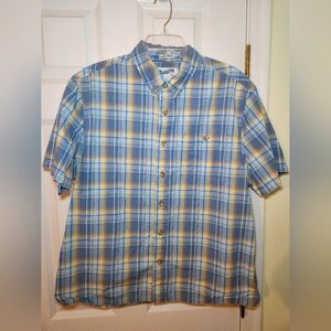 Duluth Untucked Short Slv Button Up Blue Plaid Shirt Mens Large Relaxed Fit BBQ